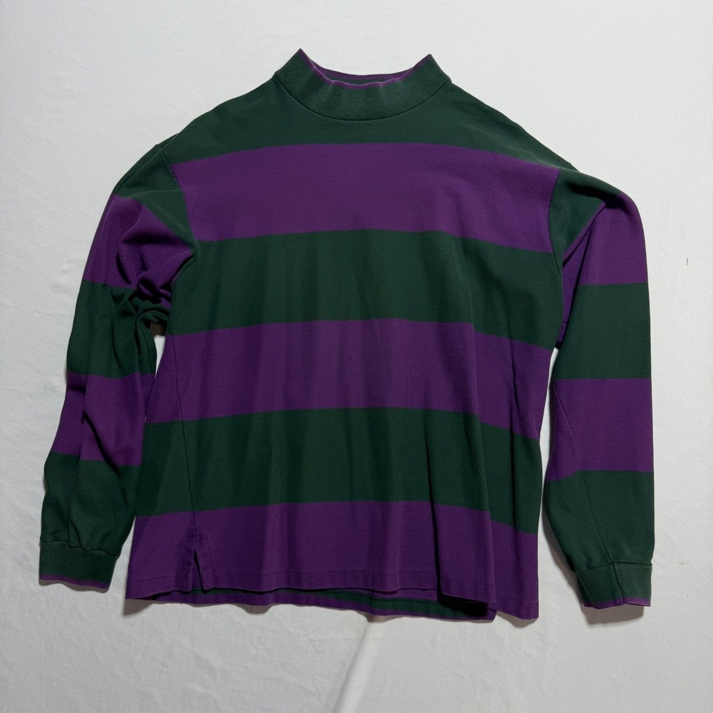 Vintage Lands End Womens L Striped Mock Neck Long Sleeve Shirt Purple Green USA